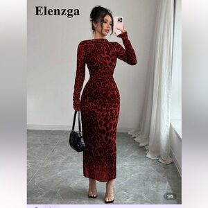 SHEIN Red and Black Animal Print Long Sleeve Dress